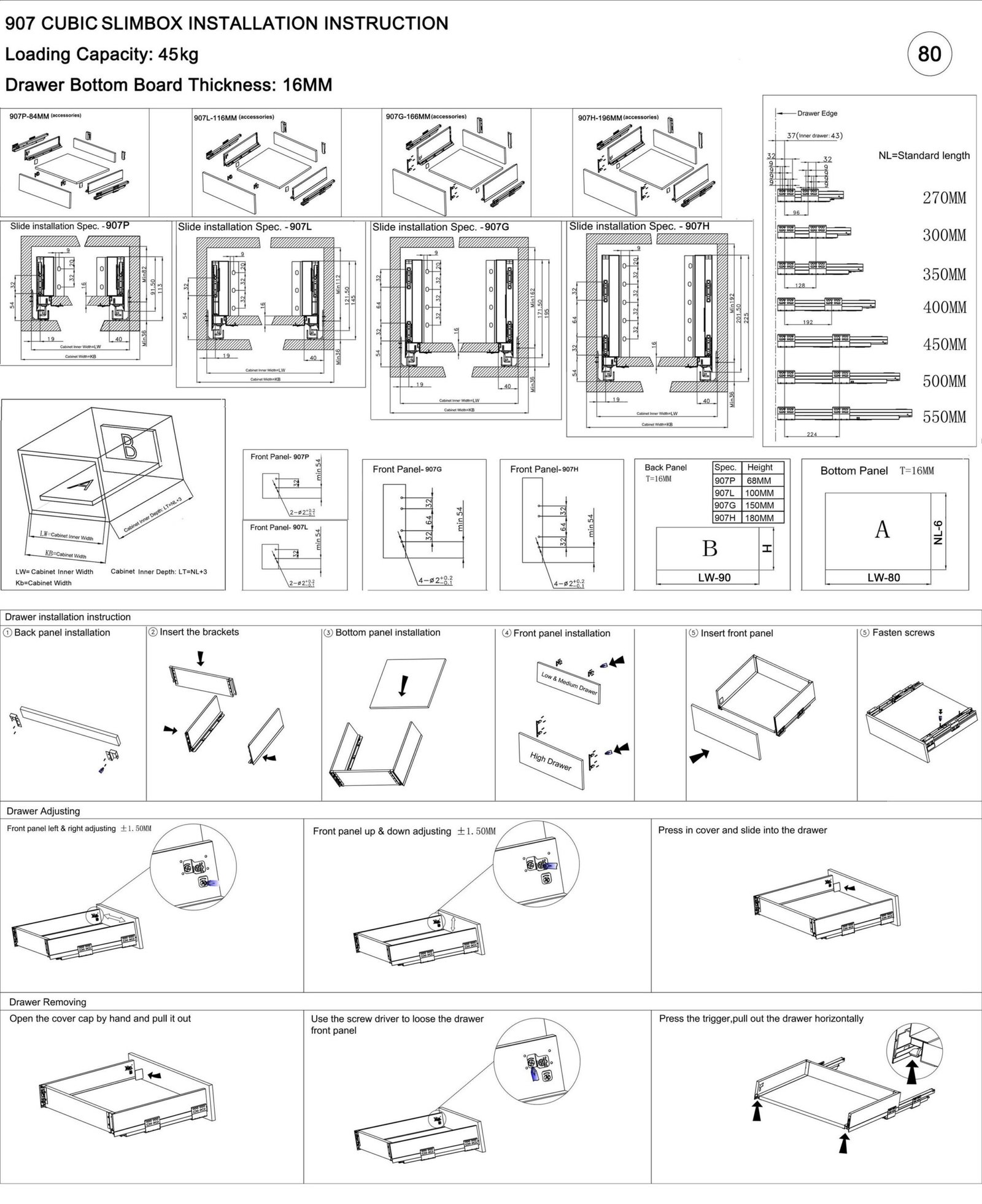 Kitchen Drawer System Soft Closing Metal Slim Box Drawer 450mm Depth 68/84mm Height