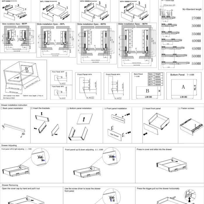 Kitchen Drawer System Soft Closing Metal Slim Box Drawer 450mm Depth 68/84mm Height